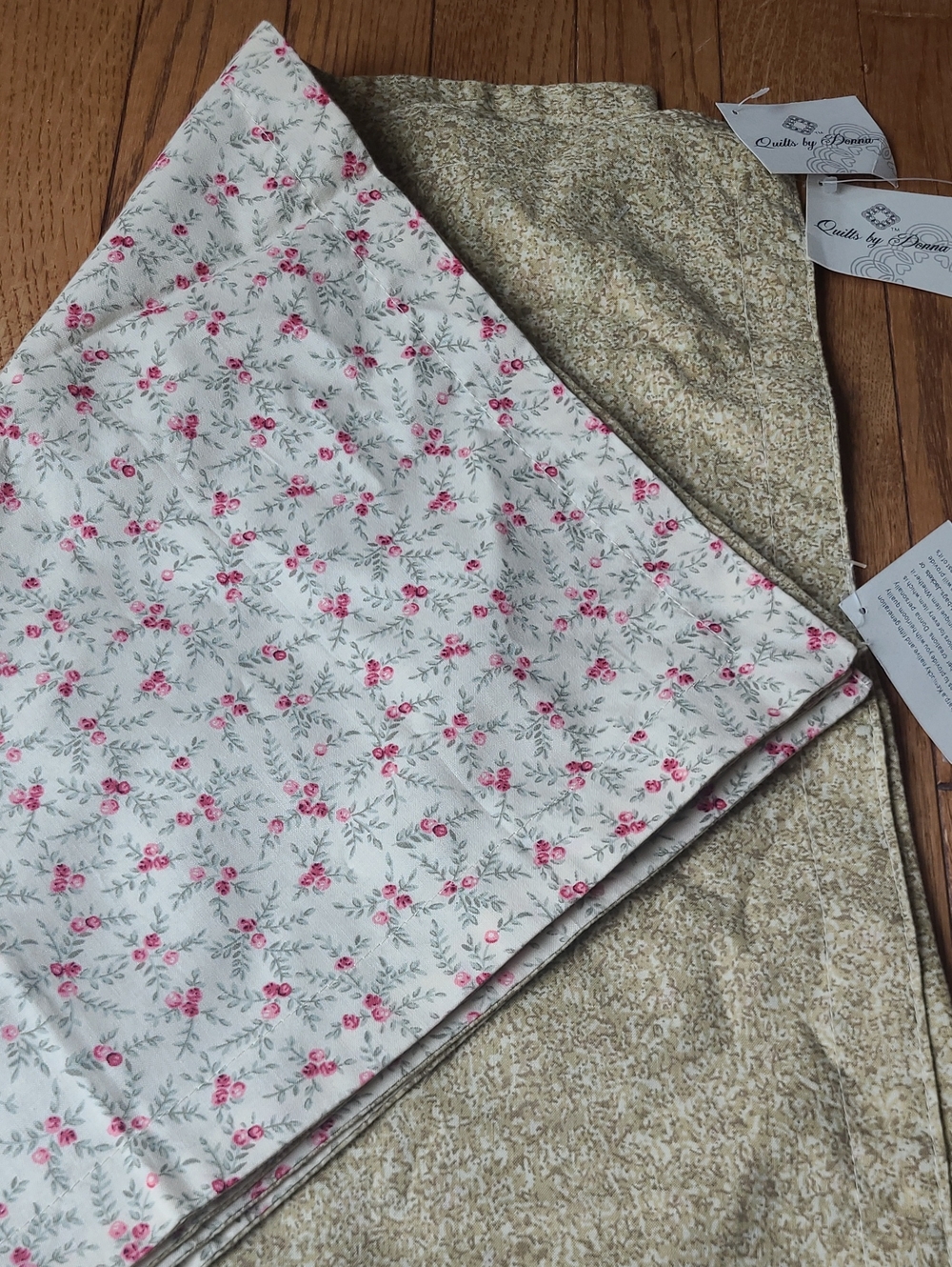 Handmade Reversible Floral Napkins Set Of 4 Pink Beige 19" Square NEW